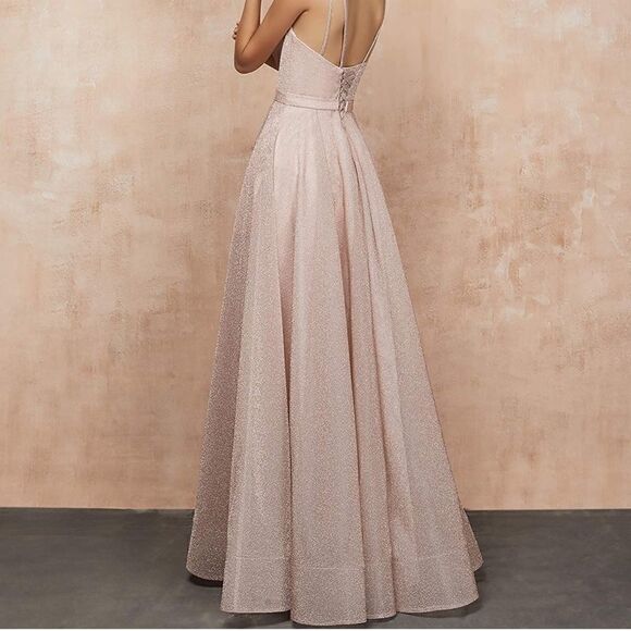 Glittery Spaghetti V-Neck Prom Long Side Split Formal Evening Gowns Sparkle - Picture 2 of 7